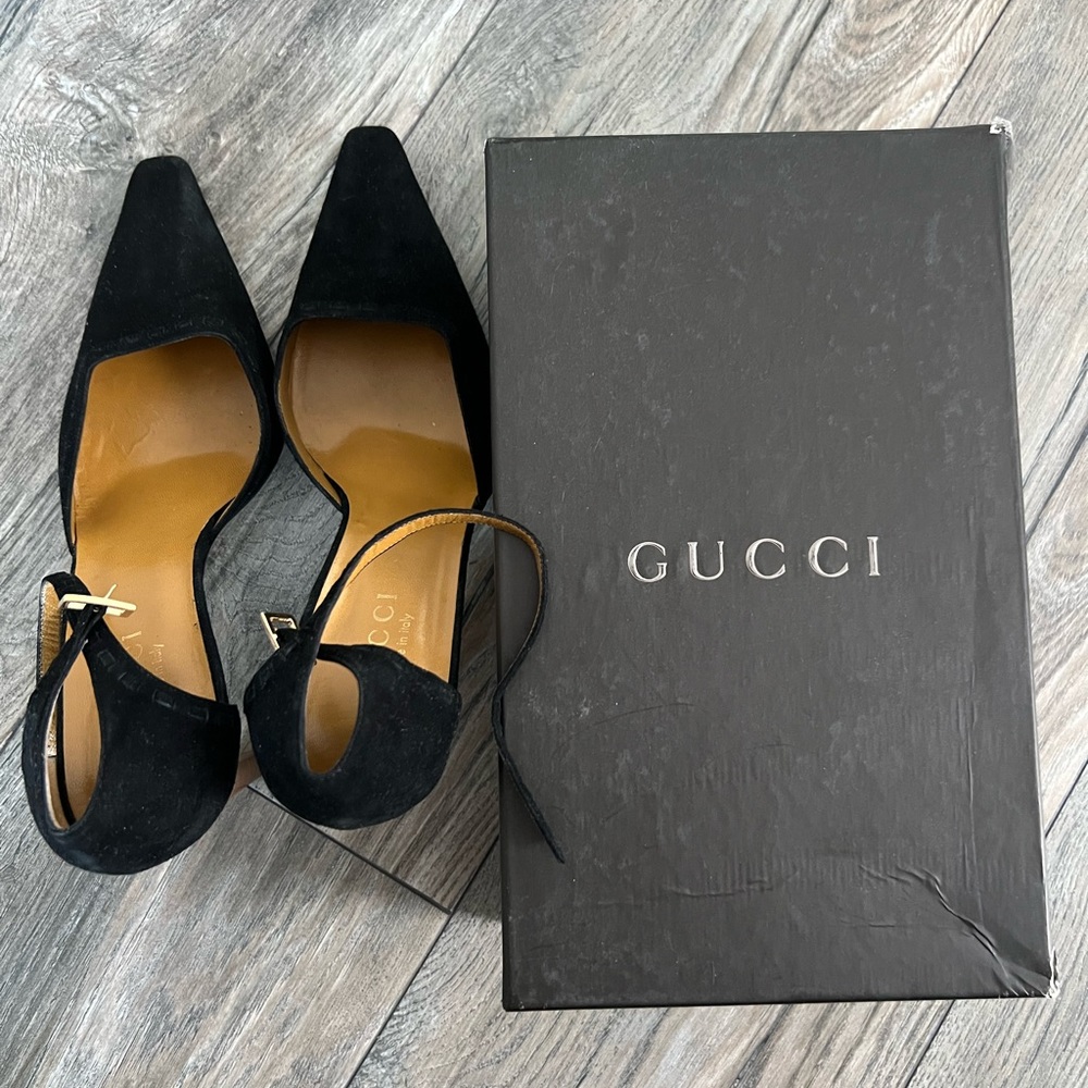 Gucci Women's Black Suede Ankle Strap Heels